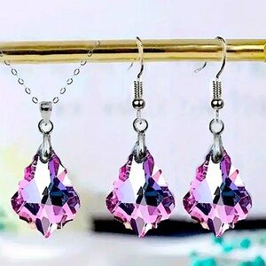 Purple Austrian Crystal Necklace Earrings Set Silver Dangle Baroque Leaf E…